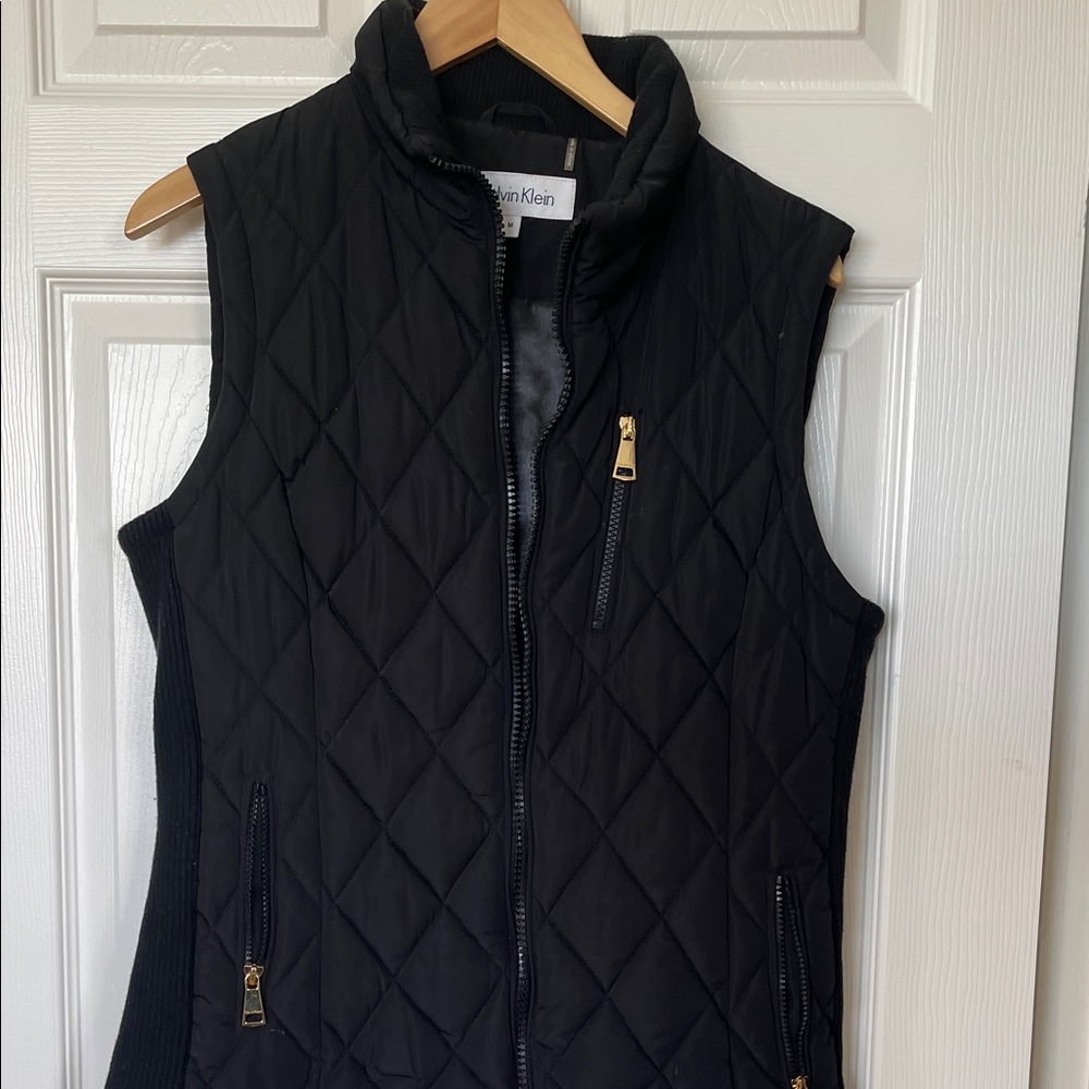Calvin Klein Quilted Black Sleeveless Puffer Vest with Gold Zippers